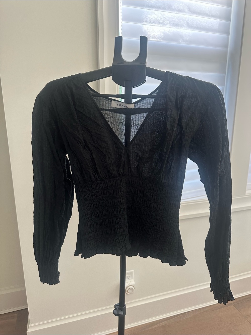 Frame Denim Black Smocked V-Neck Long Sleeve Blouse
